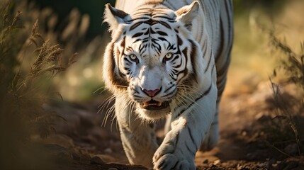 Naklejka premium Close up portrait of a white tiger, blurred out forest background banner wallpaper HD, sunlight 
