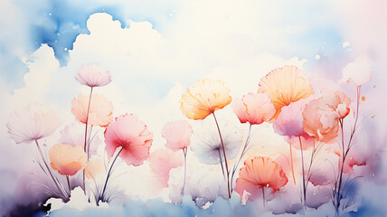 Spring flowers on a background of clouds, watercolor greeting card background
