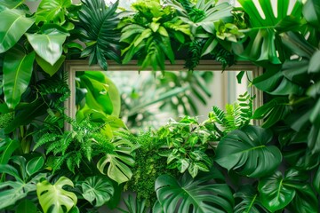 Lush Indoor Garden Scene with Variety of Green Tropical Plants and Reflective Mirror