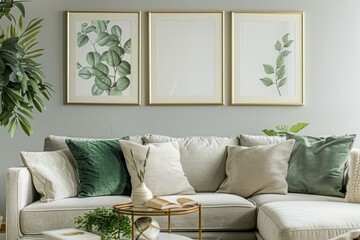 Modern Living Room Interior with Stylish Neutral Sofa, Green Cushions, Wall Art Frames, and Indoor Plants