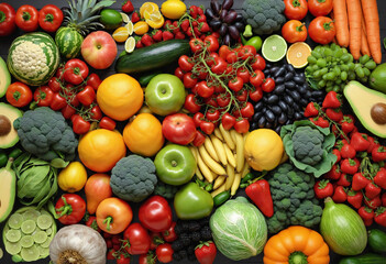 colorful assortment of fruits and vegetables arranged on a table colorful background