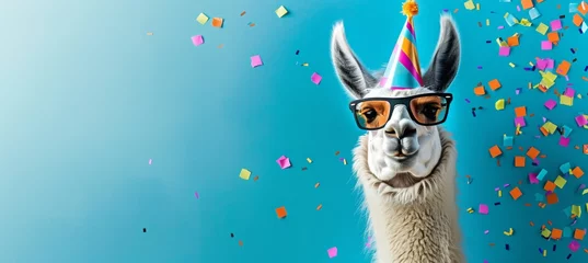 Fotobehang llama wearing sunglasses and a party hat on a blue background with confetti. Web banner with empty space on the right in the style of copyspace. Banner for birthday card design. Happy smiling llama © Sabina Gahramanova