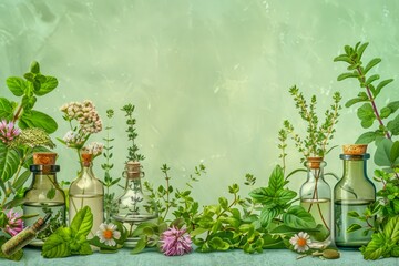 Vintage Bottles with Natural Herbs on Pastel Background for Aromatherapy and Herbal Medicine Concept