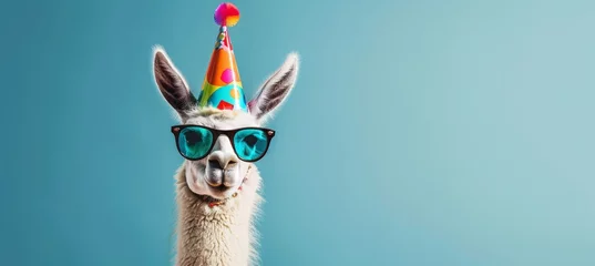 Deurstickers llama wearing sunglasses and a party hat on a blue background with confetti. Web banner with empty space on the right in the style of copyspace. Banner for birthday card design. Happy smiling llama © Sabina Gahramanova
