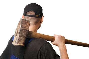 Man with sledgehammer on white background, selective focus