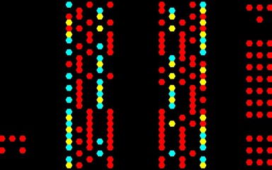 Black background with red, yellow and blue hexagon dots
