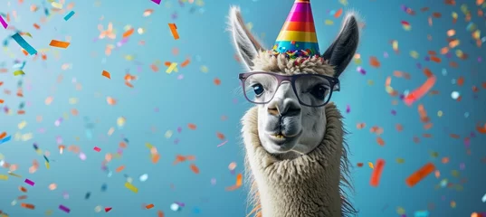 Deurstickers llama wearing sunglasses and a party hat on a blue background with confetti. Web banner with empty space on the right in the style of copyspace. Banner for birthday card design. Happy smiling llama © Sabina Gahramanova