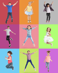 Group of children jumping on color backgrounds, set of photos