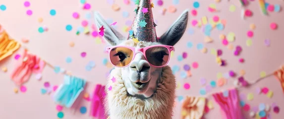 Zelfklevend Fotobehang llama wearing sunglasses and a party hat on a blue background with confetti. Web banner with empty space on the right in the style of copyspace. Banner for birthday card design. Happy smiling llama © Sabina Gahramanova
