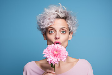 Whimsical Woman with Silver Hair and a Pink Gerbera on Blue