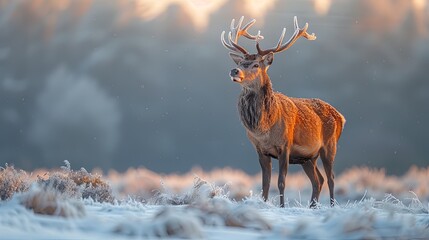 A majestic stag stands proudly in a frost-covered field as the rising sun bathes the scene in golden light.