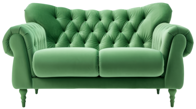 Green sofa in frontal view with transparent background