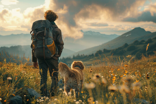 A Man And His Dog Are Walking Through A Field Of Yellow Flowers