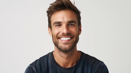 Happy Man in Dark Blue Shirt with a Contagious Smile - Generative AI