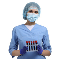 Laboratory testing. Doctor with blood samples in tubes on white background