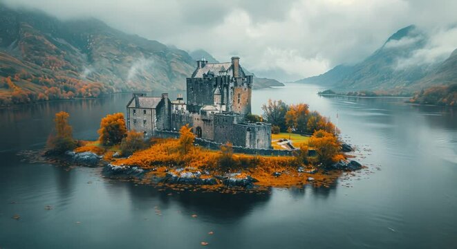 A castle in the middle of a quiet lake Surrounded by beautiful nature