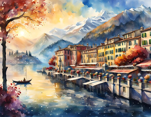 Watercolor sketch of a Mediterranean traditional town. Old building and snow capped mountains reflected in lake. Dramatic AI generated landscape. Digital illustration. CG Artwork Background