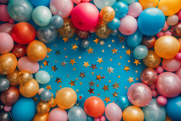 Fototapeta na wymiar Celebration Background with Colorful Balloons and Golden Stars, Festive Atmosphere