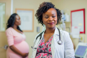 Pregnant woman in clinic, prenatal health check, reproductive examination, obstetric care