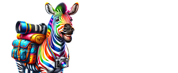 A creative multicolored smiling zebra with photography gear on the white background with copy space, surrealism. Concept travel, postcard, holiday