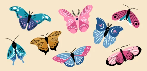 Papier Peint photo Papillons Beautiful butterflies of different shapes on beige background. Vector colorful set of illustrations for the design of packaging, cards, patterns.