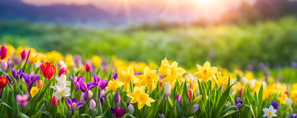 Beautiful fresh spring flowers natural background. Landscape with young lush green grass with blooming field against the morning background of trees in the lawn 