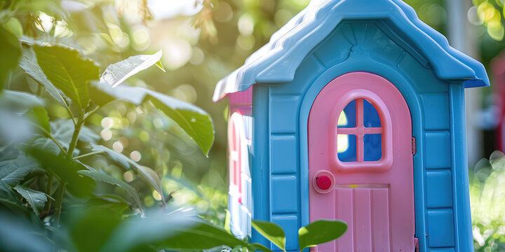 Children's Outdoor blue Plastic Playhouse in Sunlit Garden, copy space. Vibrant toy house nestled in green summer backyard.