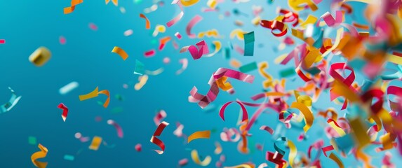 Fototapeta premium Colorful confetti falling on a blue background with copy space for a celebration or party design. Happy new year, anniversary or birthday concept.