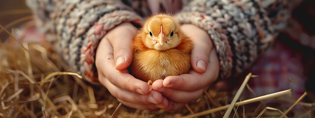 Close up children's hands holding a chick in chicken farm. Eco-friendly farming concept. - Powered by Adobe