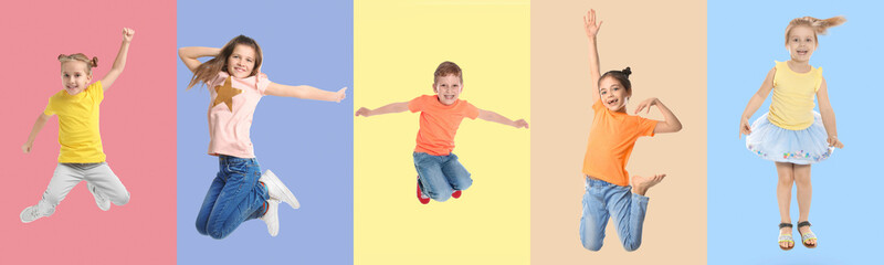 Group of children jumping on color backgrounds, set of photos