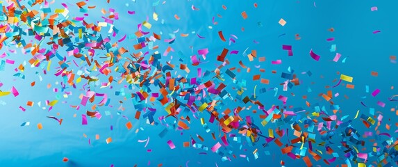 Colorful confetti falling on a blue background with copy space for a celebration or party design. Happy new year, anniversary or birthday concept.