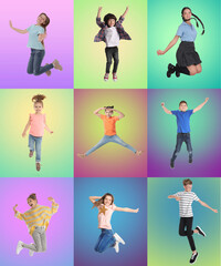 Group of children jumping on color backgrounds, set of photos