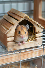 Cute Hamster with Toy wooden House in a cage. Pet and rodent products and accessories store.