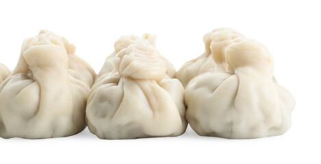 Many tasty khinkali (dumplings) isolated on white. Georgian cuisine