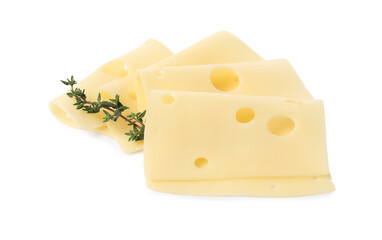 Slices of tasty fresh cheese and thyme isolated on white