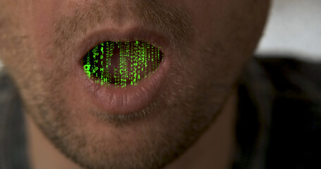Man opens mouth with running symbols, close-up. Transition, intro movies background, tv shows, news, video games, robot