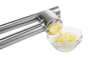 One metal press and garlic isolated on white