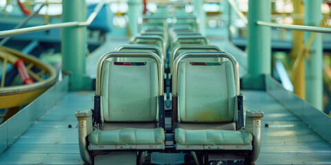 Obraz premium Empty blue roller coaster seats at an amusement park. Close-up of Roller coaster seat await riders, theme park background.