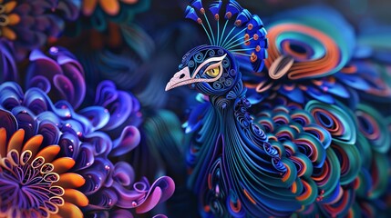 Fototapeta premium A Peacock Sculpture Digital Paper Quilling Art