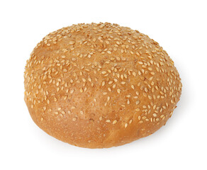One fresh hamburger bun with sesame seeds isolated on white
