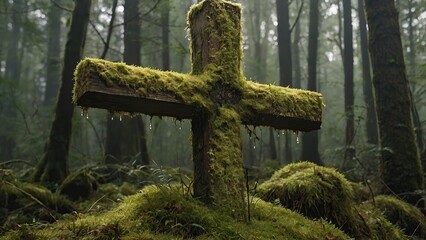 Immerse yourself in the timeless reverence of the cotton cross, draped in moss, a sacred sentinel amidst the verdant sanctuary of the forest.