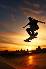 Sunset Skateboarding Stunt Over Cityscape Silhouette