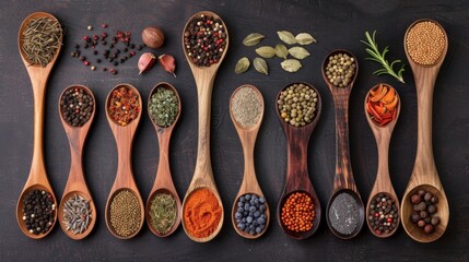 Wooden Spoons Filled With Various Spices - obrazy, fototapety, plakaty