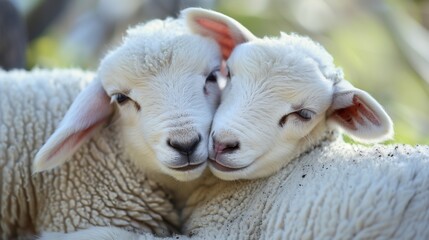 Two adorable lambs nuzzling each other affectionately, showcasing the bonds of friendship. 