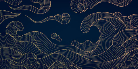 Vector sea waves japanese style pattern. Golden line illustration, water, ocean with clouds and wind. Vintage wallpaper, poster, wall art
