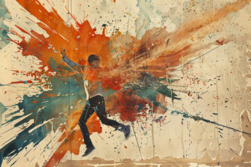 Abstract watercolor painting of a runner in motion, captured with a vibrant explosion of fiery colors that convey movement and energy.