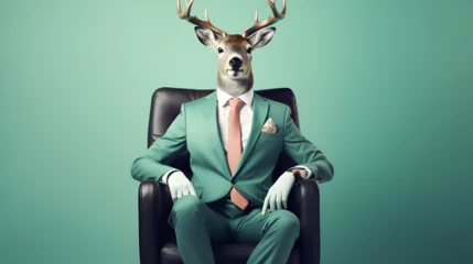 Foto op Plexiglas A deer wearing sunglasses is sitting in a chair. This unique and quirky image can be used for various purposes, adding a touch of humor and style to any project © muhammadjunaidkharal