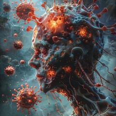 Illustration depicting the struggle against long COVID brain fog, with microscopic view of damaged cerebral vessels clean sharp focus - obrazy, fototapety, plakaty