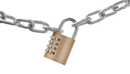 Steel combination padlock and chain isolated on white