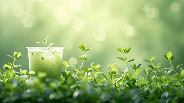 A glass of green smoothie among the leaves, a healthy natural drink, a background image with a space to copy